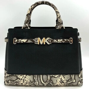 Michael Kors Reed Large Leather Belted Satchel Crossbody Bag Black Snakeskin